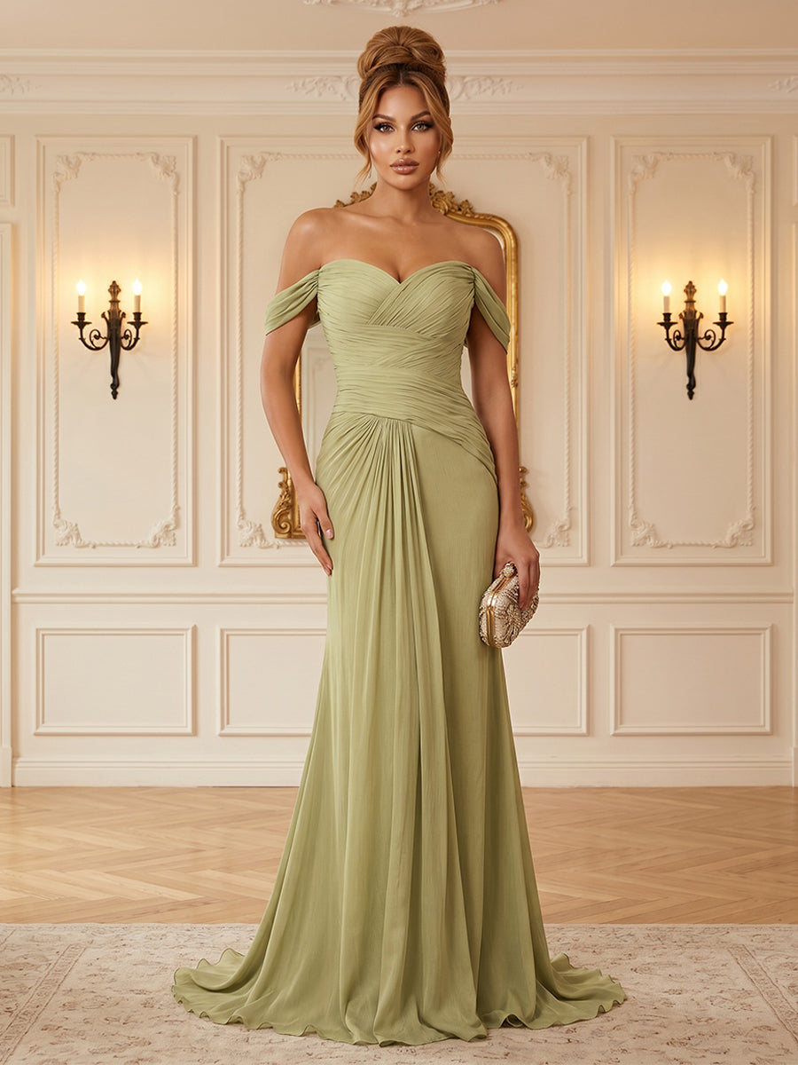 Chiffon Sheath Off Shoulder with Ruched Bodice Maxi Dress