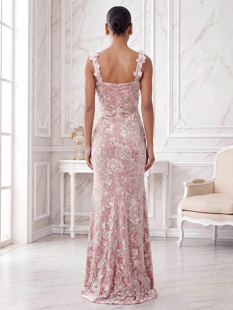 Sequin Floral Sheath Square Neck with 3D Flowers Maxi Dress