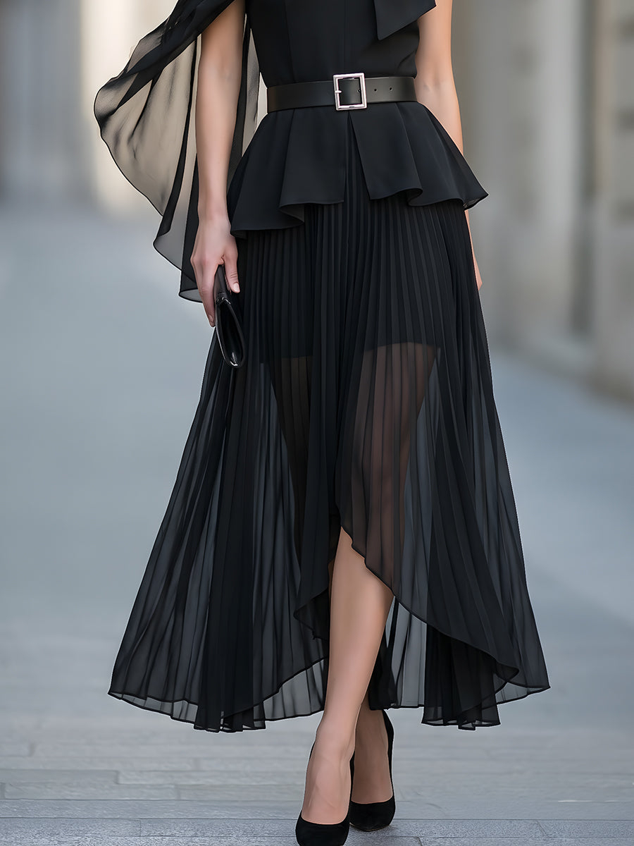 Asymmetric Draped Cape Sleeve Chiffon Belted Midi Dress Set