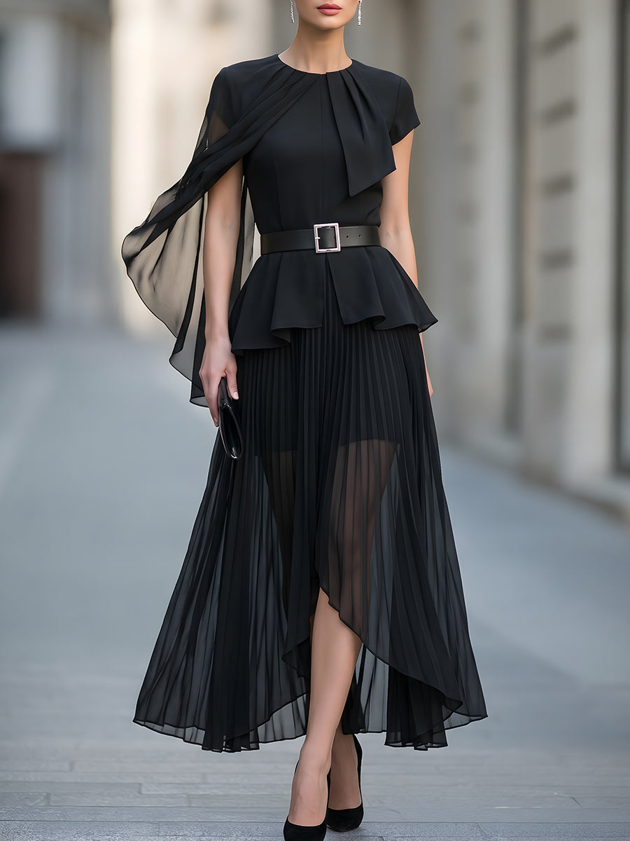 Asymmetric Draped Cape Sleeve Chiffon Belted Midi Dress Set