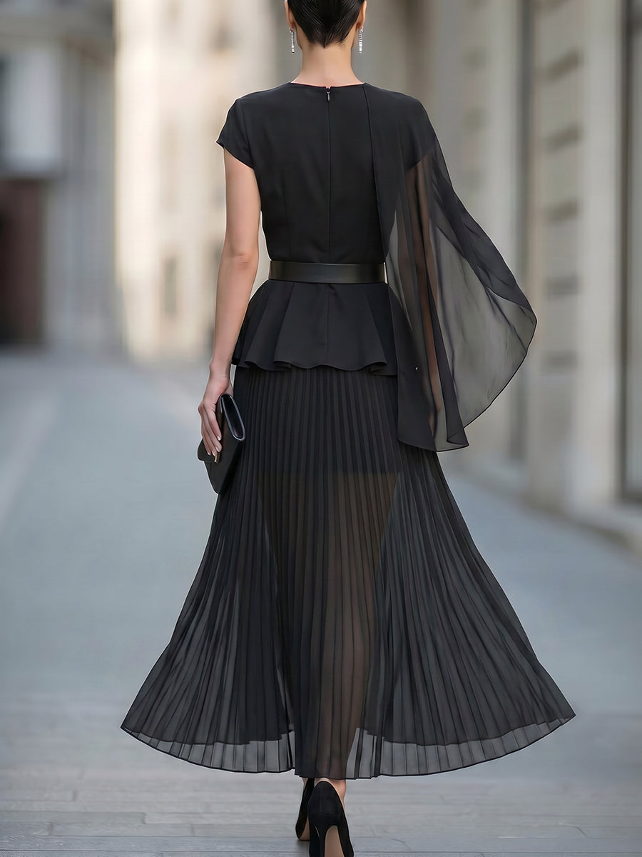 Asymmetric Draped Cape Sleeve Chiffon Belted Midi Dress Set