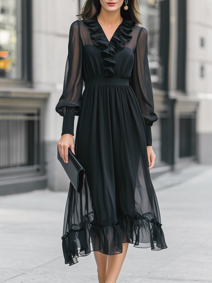 Ruffle Detail Sheer Sleeve Chiffon Midi Dress