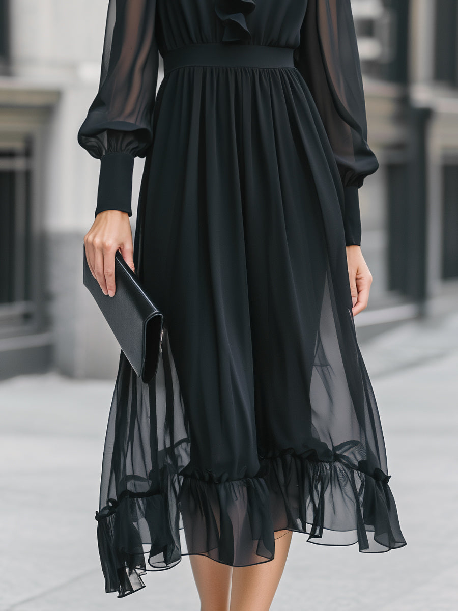 Ruffle Detail Sheer Sleeve Chiffon Midi Dress