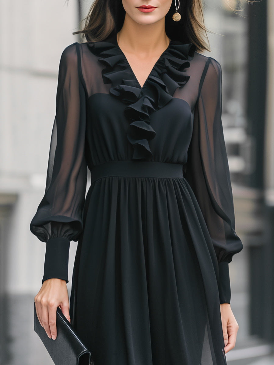 Ruffle Detail Sheer Sleeve Chiffon Midi Dress