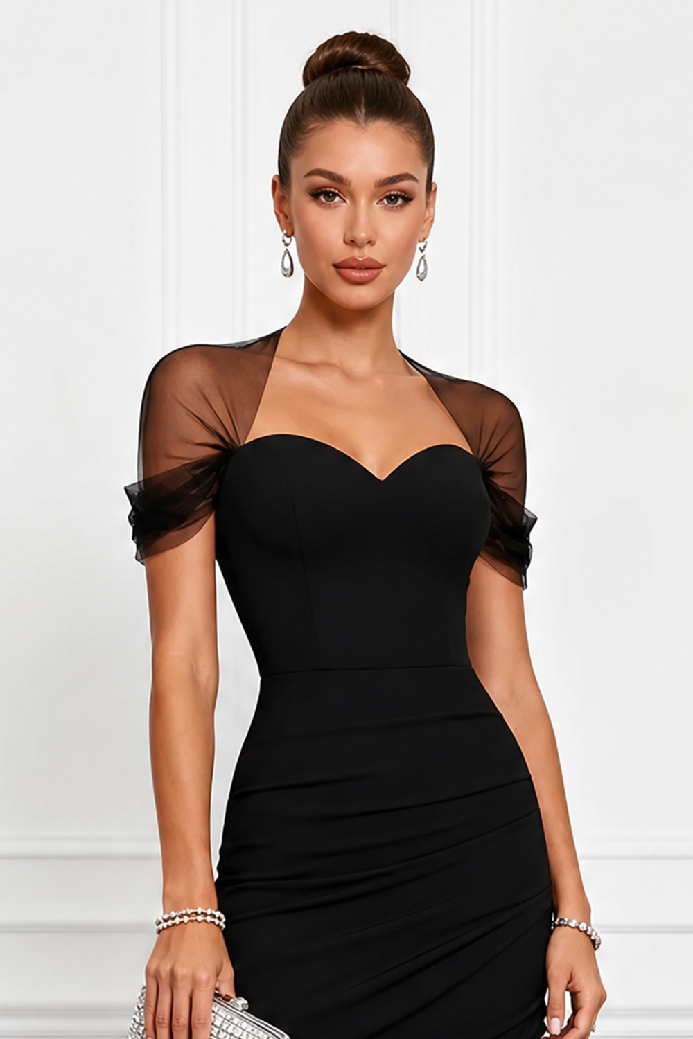 Black Sweetheart Mesh Sleeve Ruched Midi Cocktail Dress