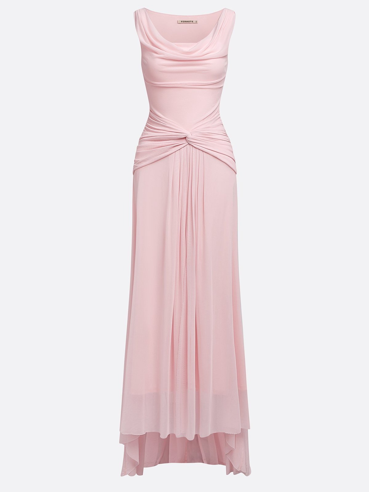 Blush Pink Ruched Slit Tulle Cowl Neck Sleeveless A-Line Maxi Bridesmaid Dress