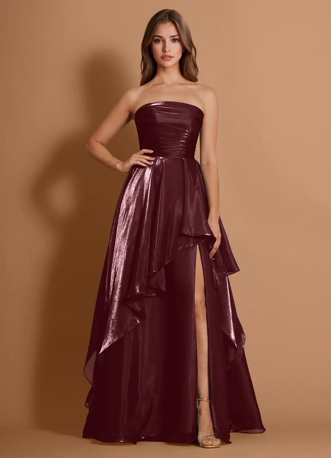 Burgundy Strapless Ruffled High-Slit Evening Gown