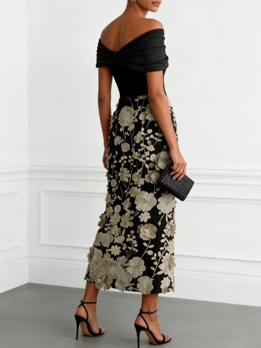 3D Floral Applique Classic Off The Shoulder Short Sleeve Sheath Midi Dress