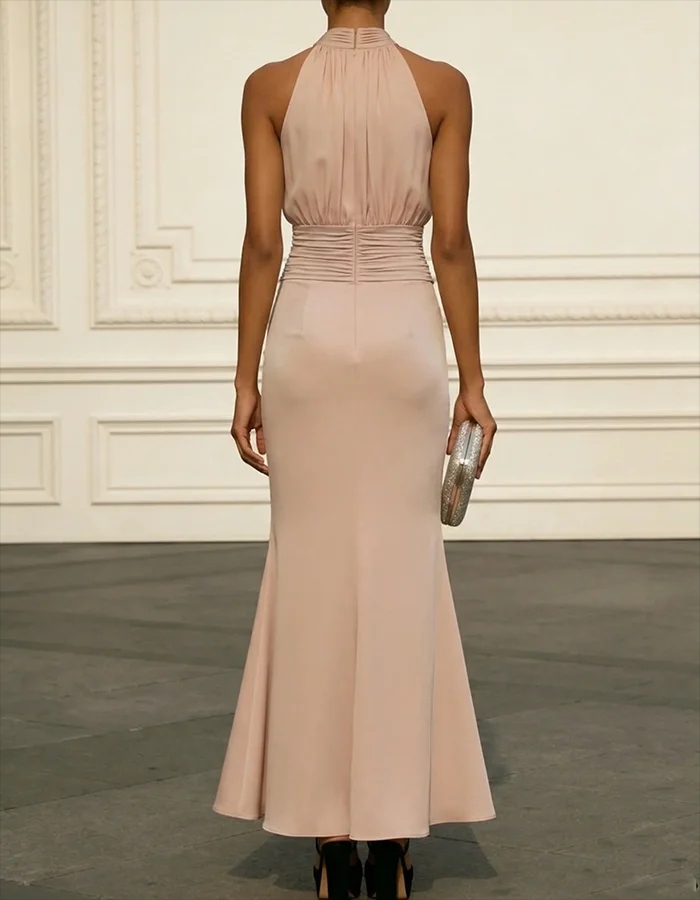 Blush Pink Halter-Neck Ruched Waist Midi Mermaid Dress