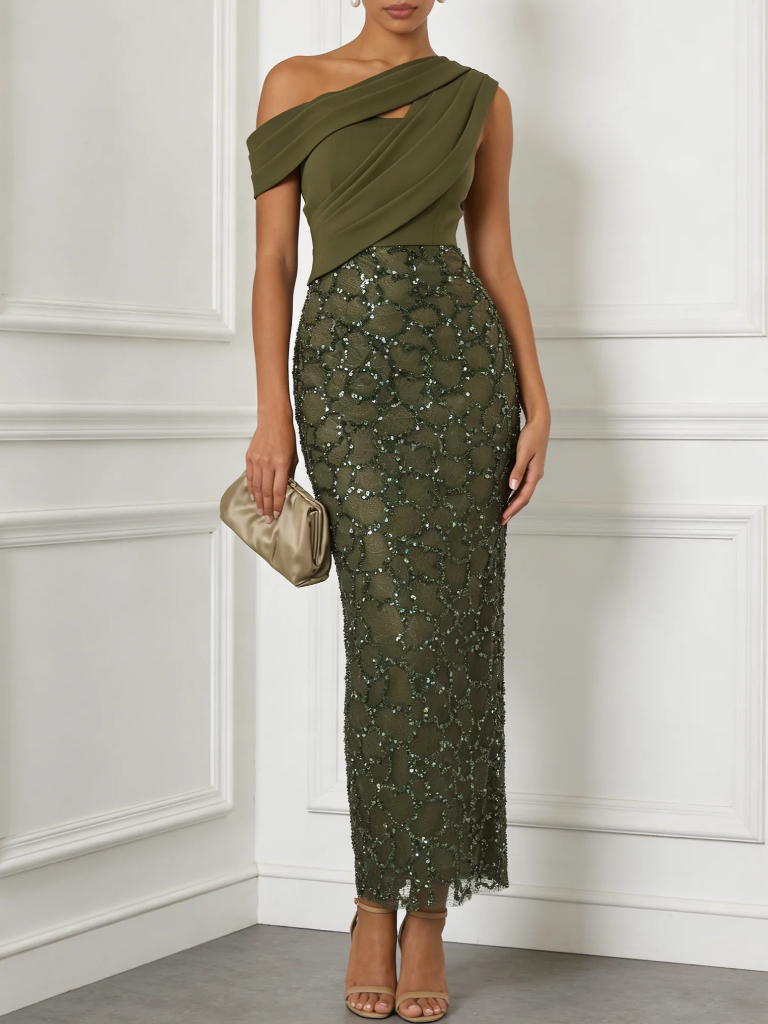 Army Green Glitter Sequin Asymmetrical Sleeveless Sheath Maxi Dress