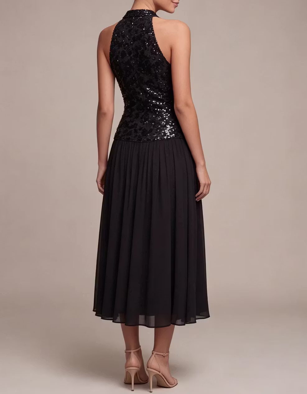 Black Sequin Chiffon Halter Midi Dress