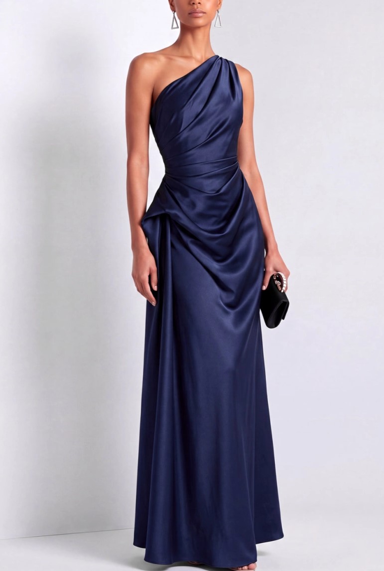 Navy One Shoulder Ruched Satin Maxi Dress