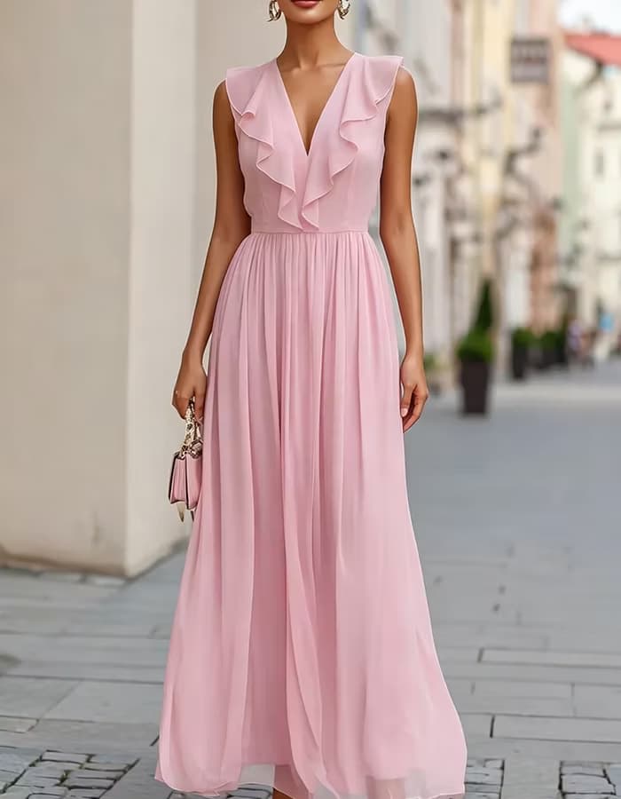 Blush Sleeveless Ruffled V-Neck Maxi Dress