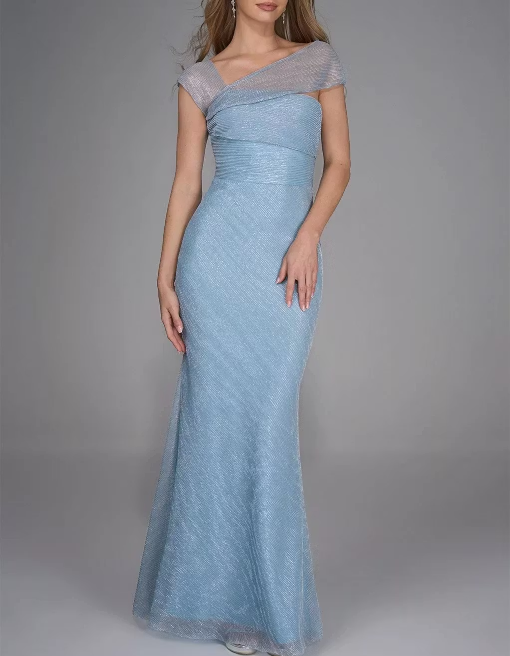 Light Blue Chiffon Pleated Fishtail Maxi Dress