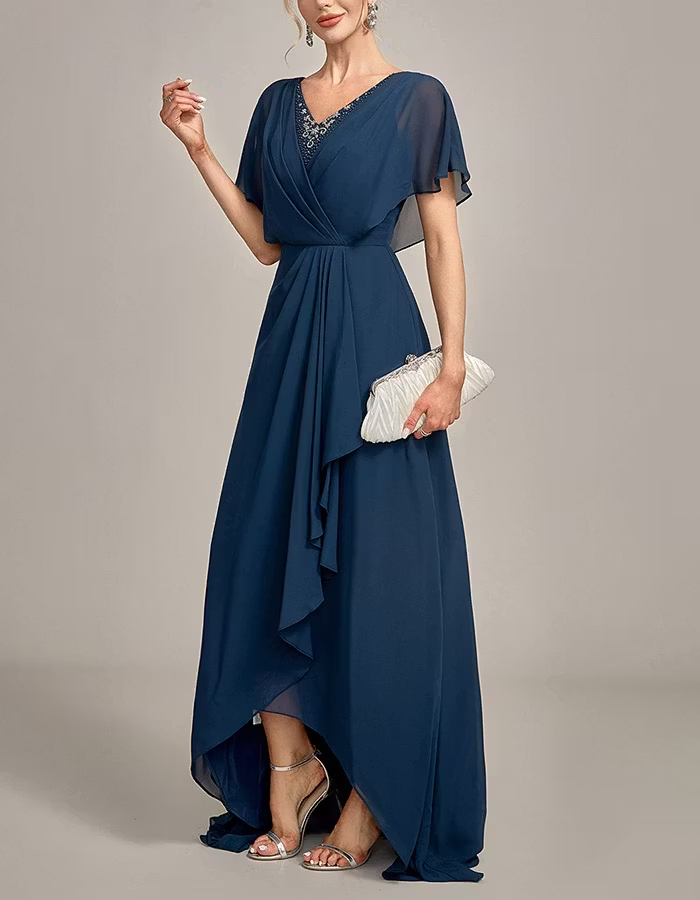 Navy Blue Beaded V-Neck High-Low Chiffon Maxi Dress