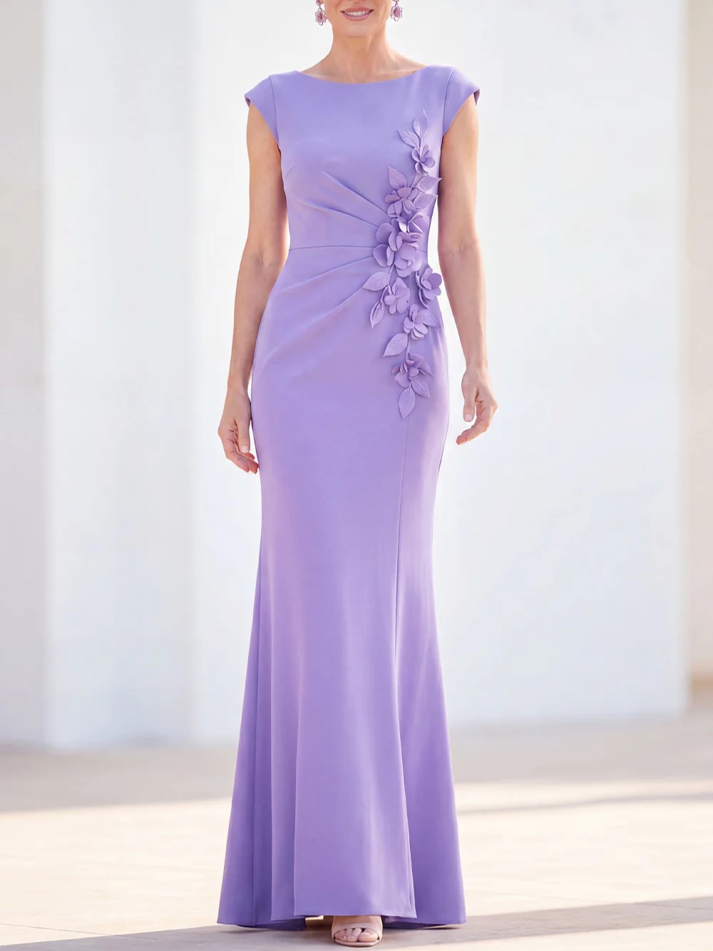 Cap Sleeve Floral Applique Ruched Mermaid Maxi Dress