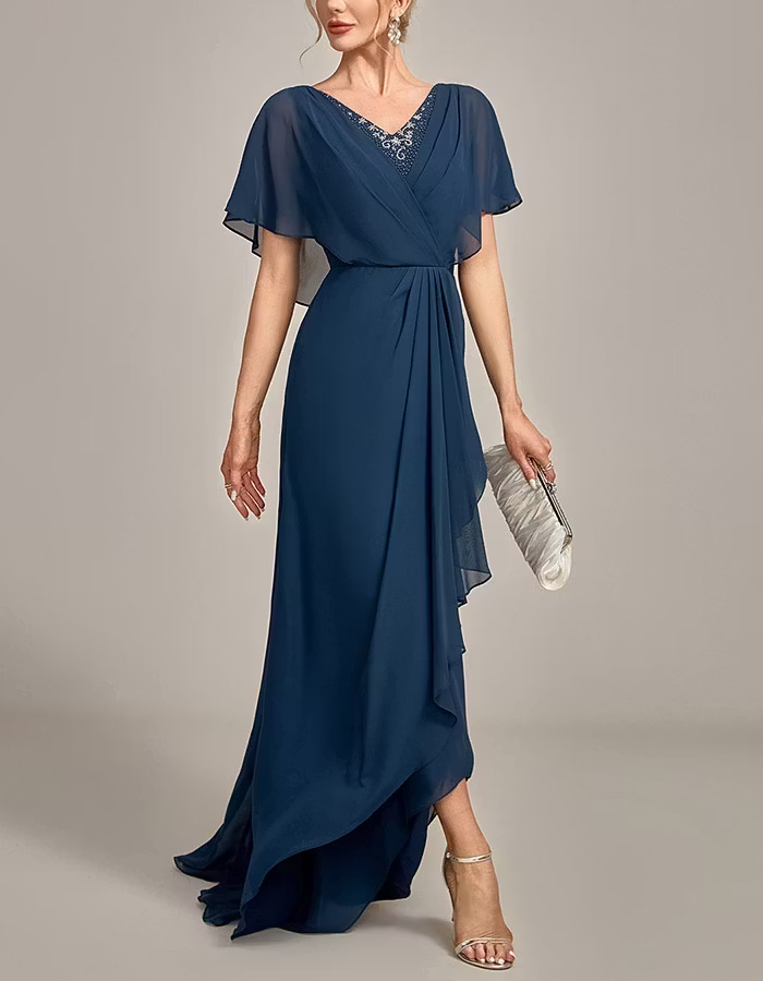 Navy Blue Beaded V-Neck High-Low Chiffon Maxi Dress