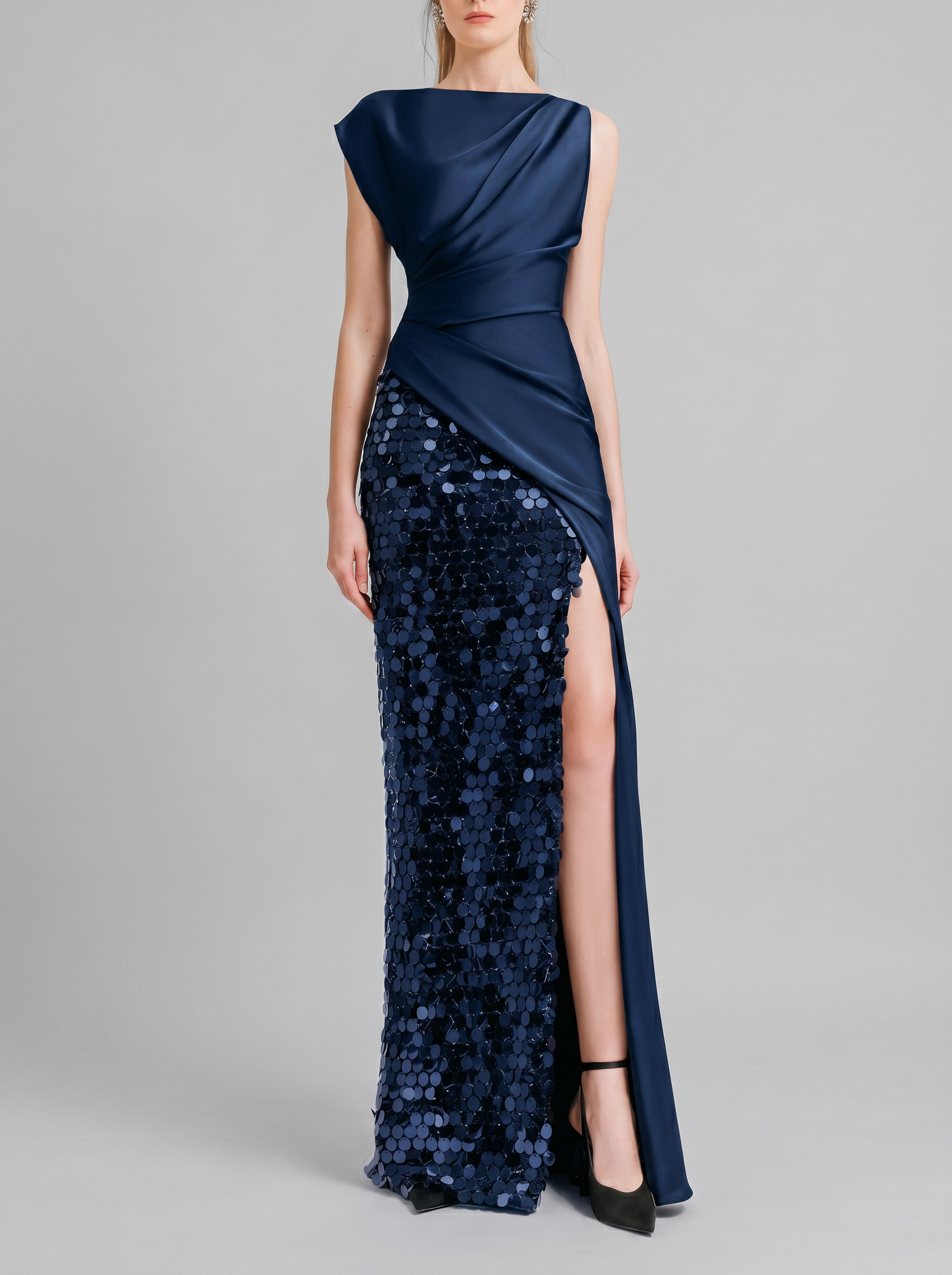 Asymmetrical Draped Satin Sequin High Slit Maxi Dress