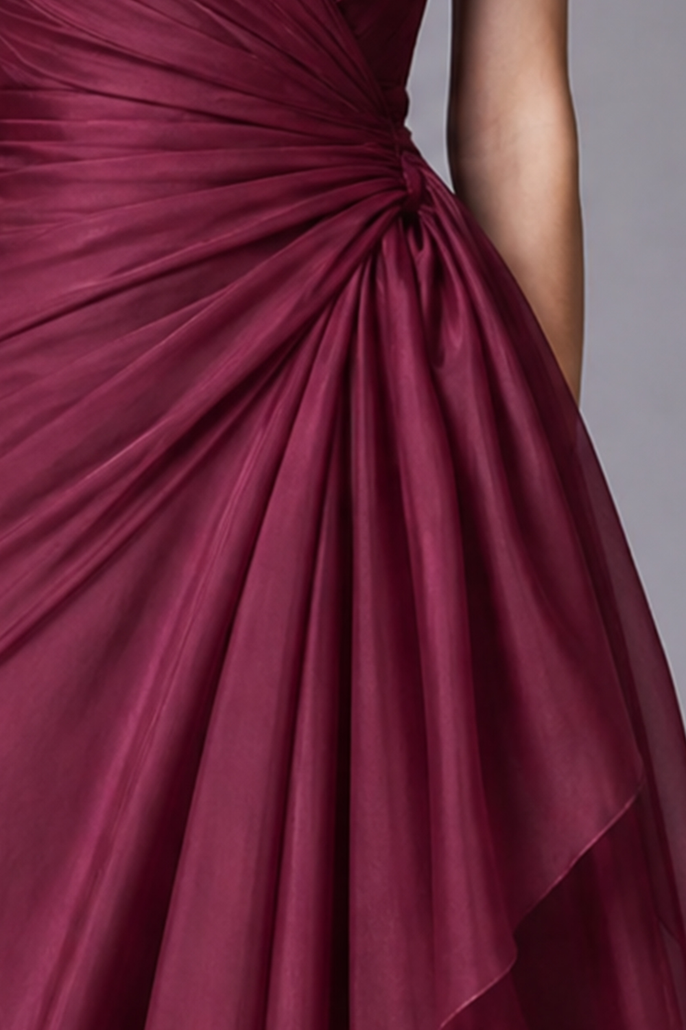 Wine Red Organza Sleeveless V neck Draped Cinched-Waist Maxi Dress