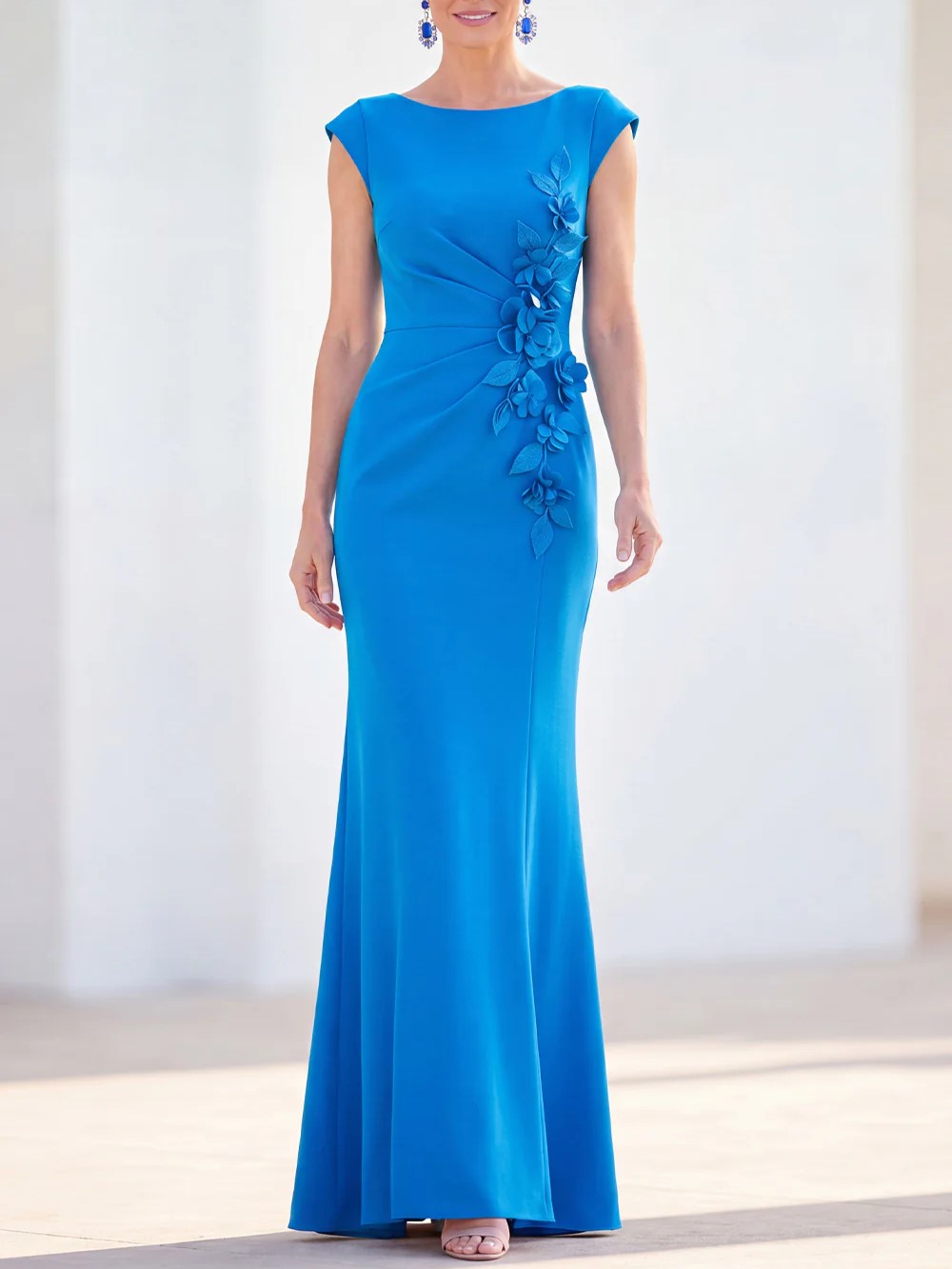 Cap Sleeve Floral Applique Ruched Mermaid Maxi Dress