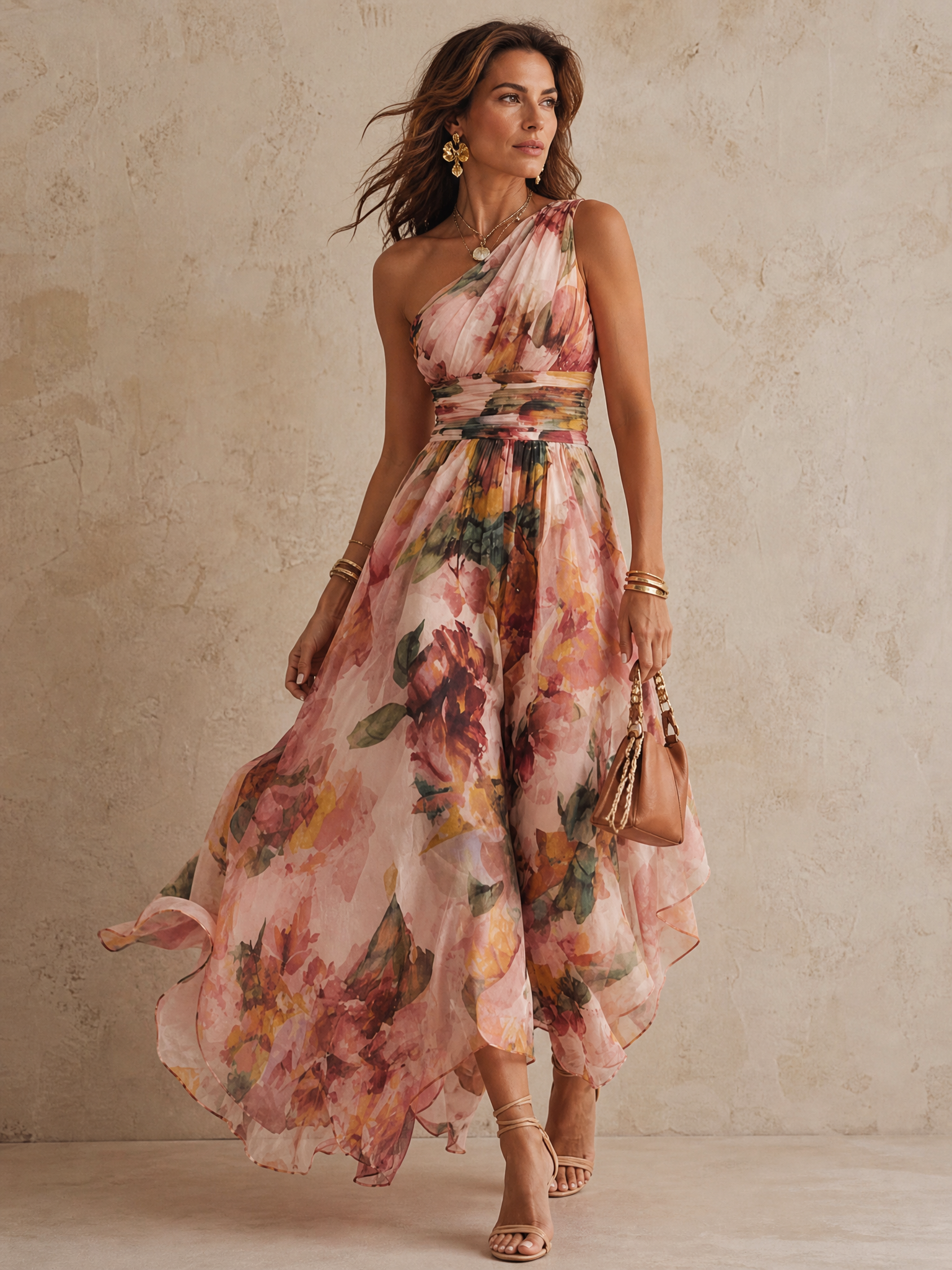 Blushing Floral Print One-Shoulder Chiffon A-Line Maxi Gown Dress