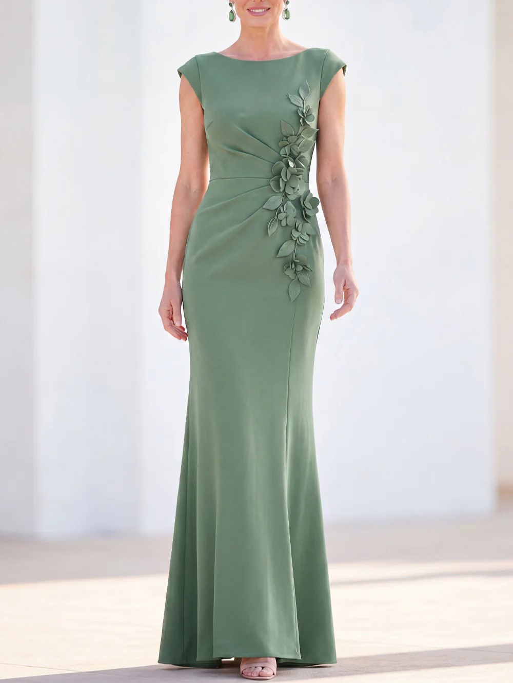 Cap Sleeve Floral Applique Ruched Mermaid Maxi Dress