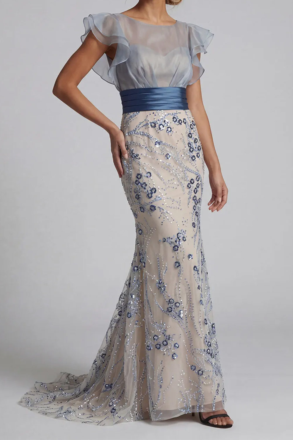 Champagne Sheer Ruffled Sleeve Blue Beaded Mermaid Dress