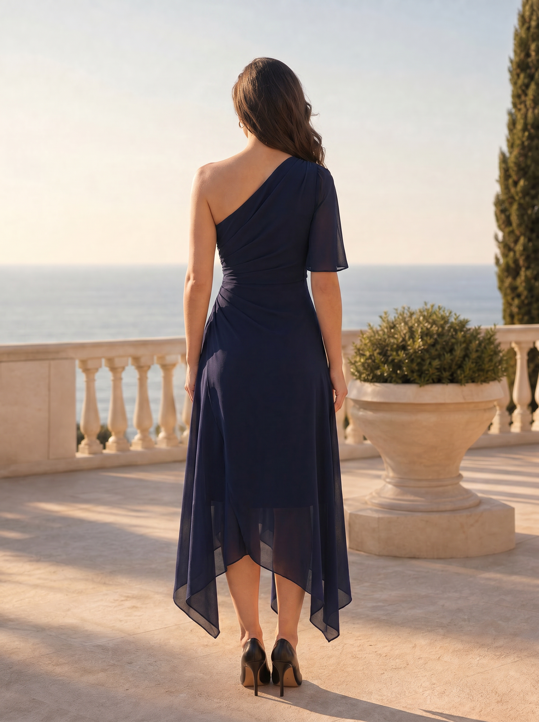 Navy Blue One-Shoulder Flutter Sleeve High-Low Chiffon Dress
