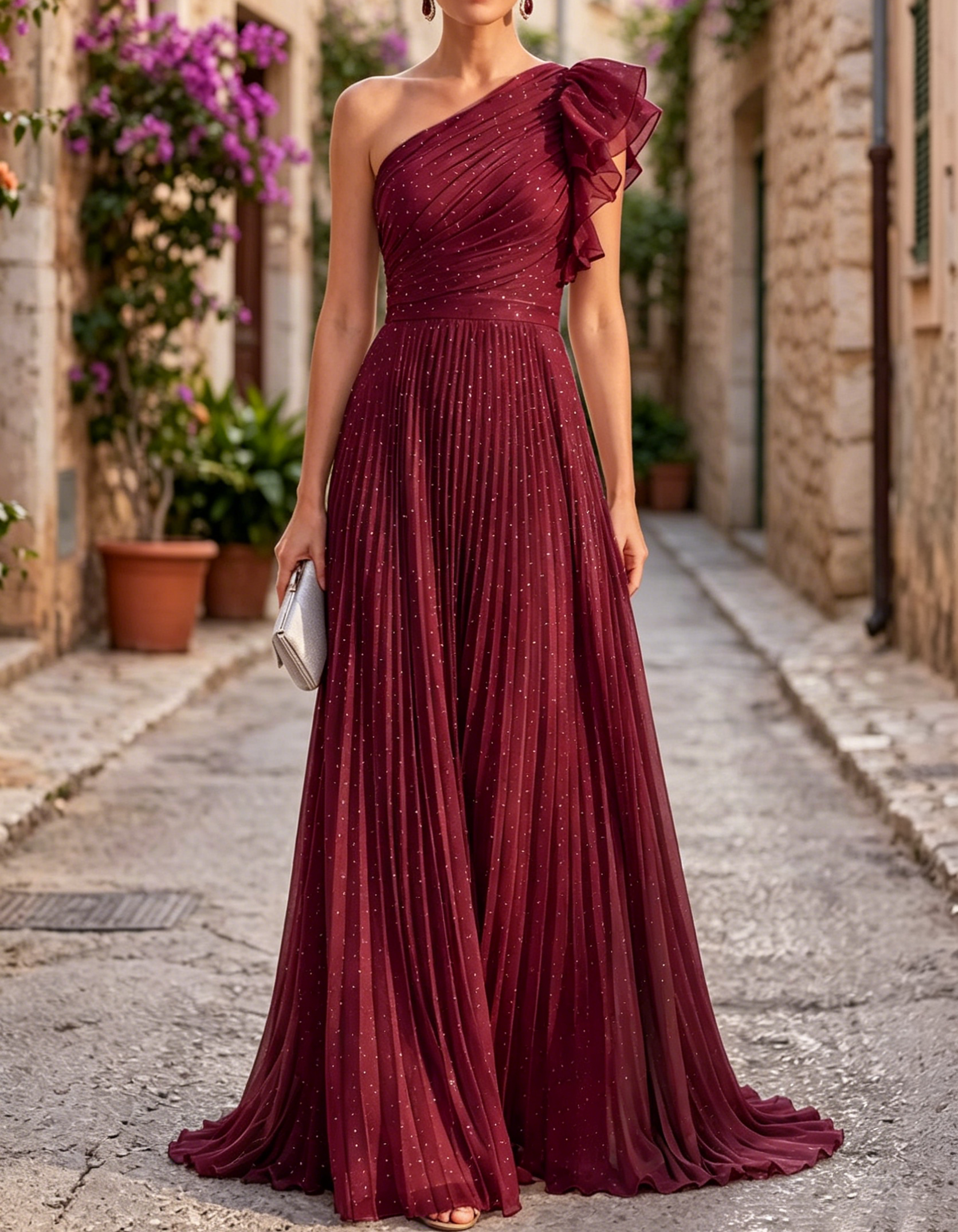 Chiffon Rhinestone One-Shoulder Pleated Waist Maxi Dress