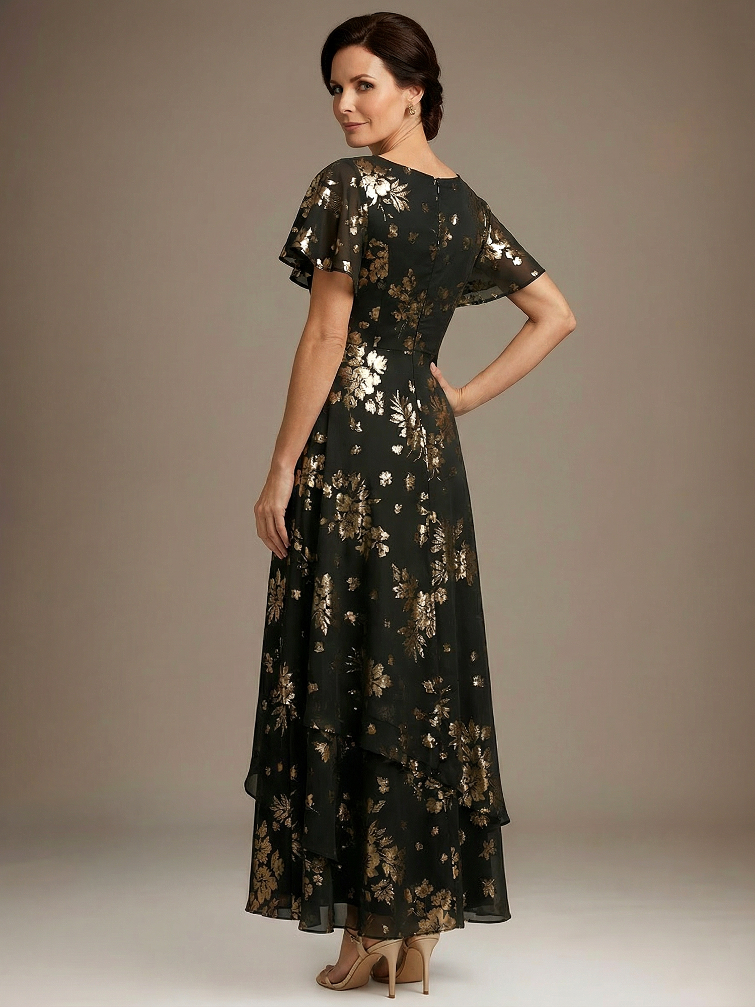 Black Floral Foil Chiffon V-Neck Mother of the Bride Gown