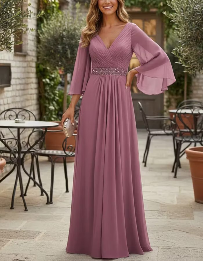 Purple V Flutter Sleeve Sequined Waist Chiffon Maxi Dress