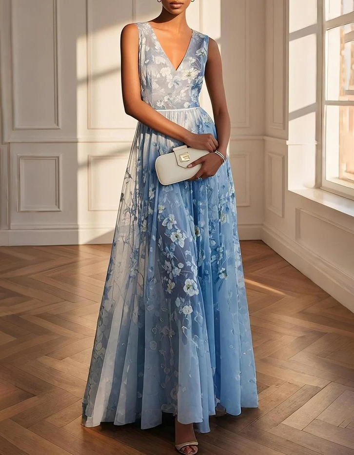 Sky-Blue Chiffon Printed V-Neck Empire-Waist Maxi Dress