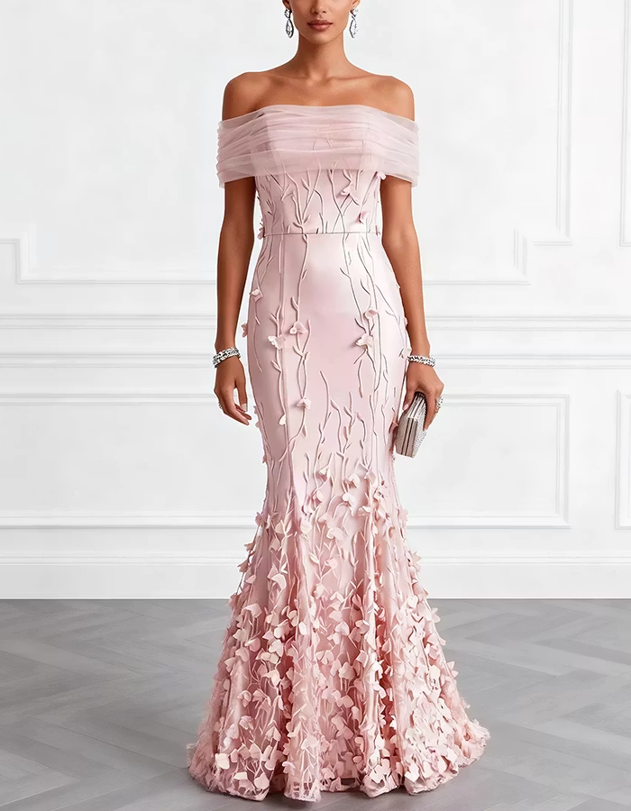 Pink Off-the-Shoulder Satin & Tulle Mermaid Maxi Dress