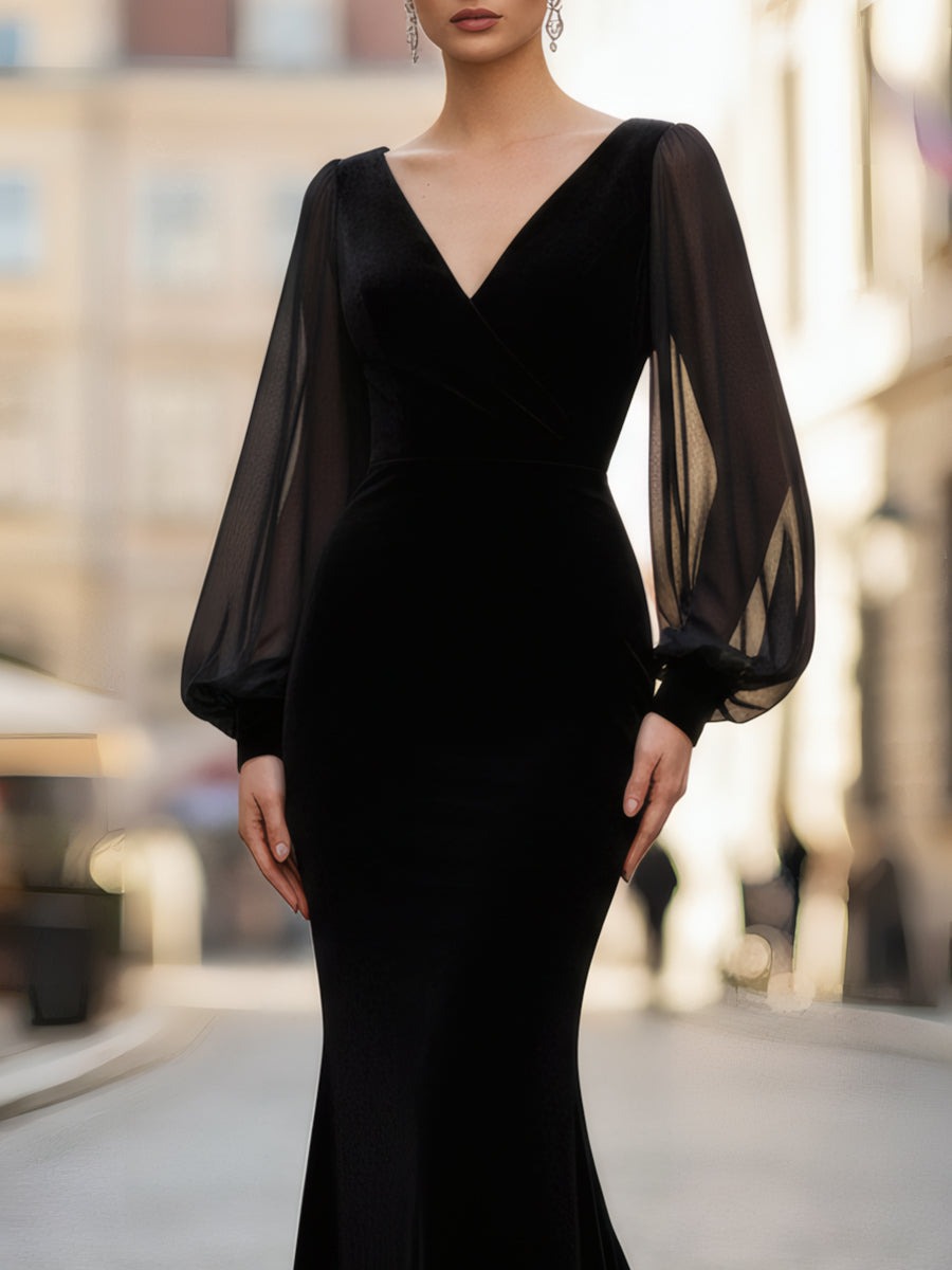 Sheer-Sleeve V-Neck Velvet Mermaid Gown