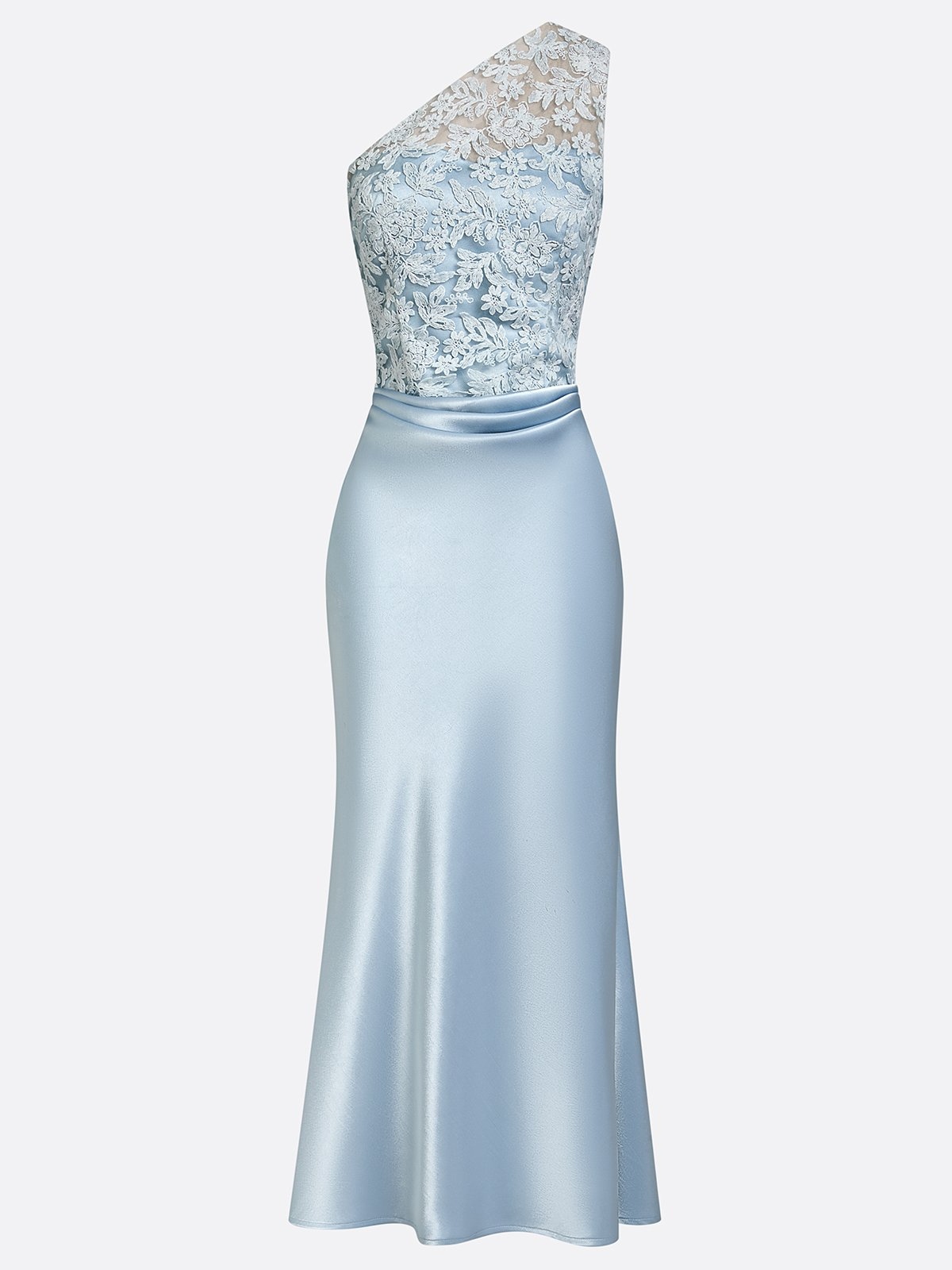 Light Blue Lace Embroidery Ruched Satin One Shoulder Sleeveless Mermaid Floor-length Gown Dress