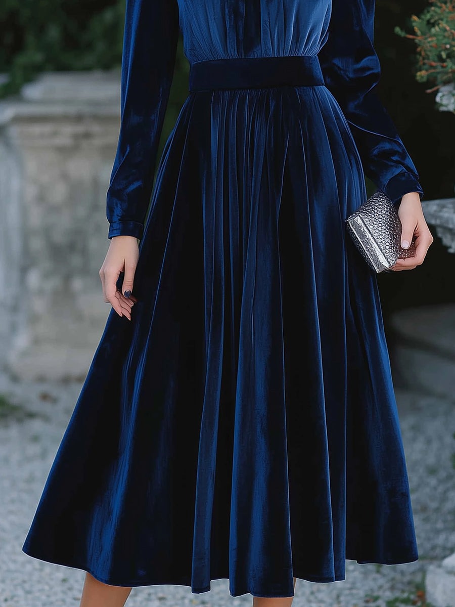 High-Neck Pleated Velvet Midi Dress