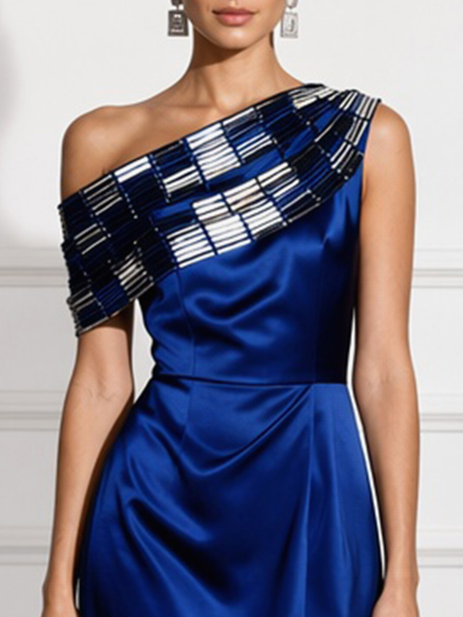 Royal Blue One-Shoulder Beaded Satin Sheath Maxi Dress