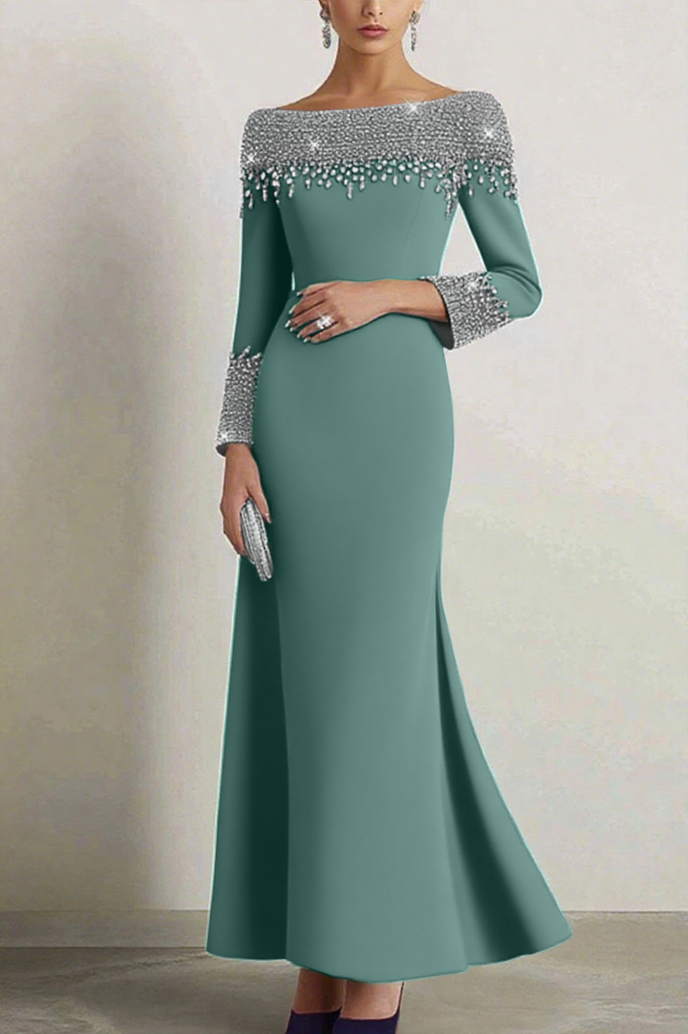 Elegant Dress Navy Boat Neck Rhinestone Maxi Dress Mother of the Bride Dress