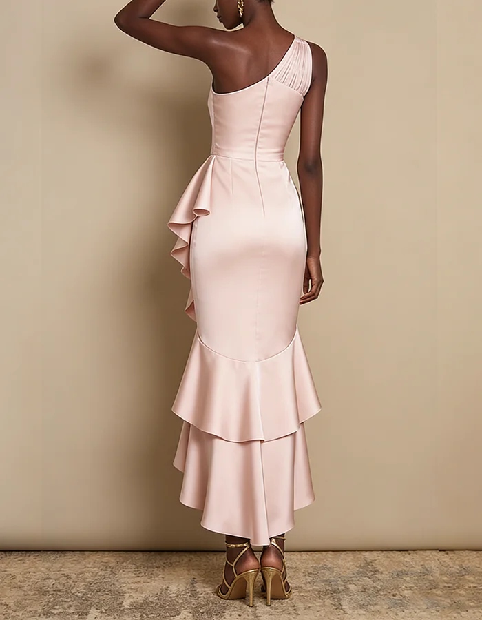 Blush Pink One-Shoulder Ruffled Satin Midi Dress