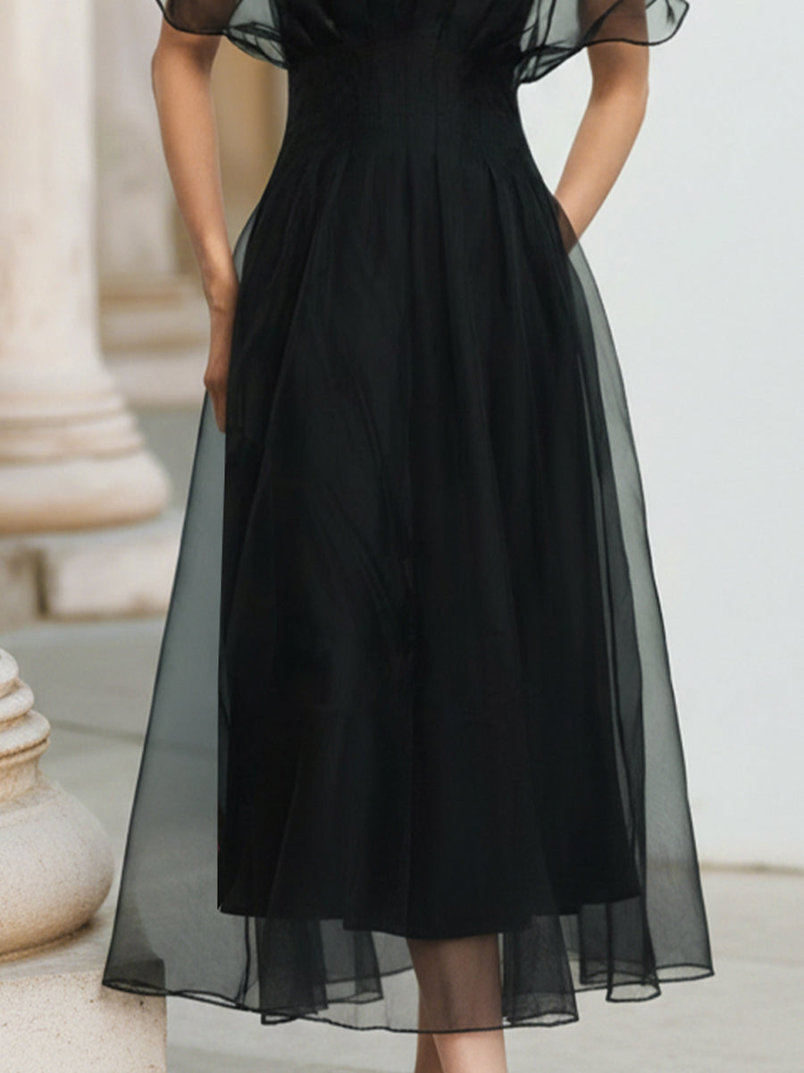 Black Elegant Sheer Overlay Midi Dress