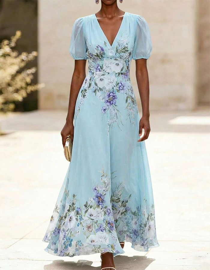 Sky Blue Chiffon Floral Print Maxi Dress