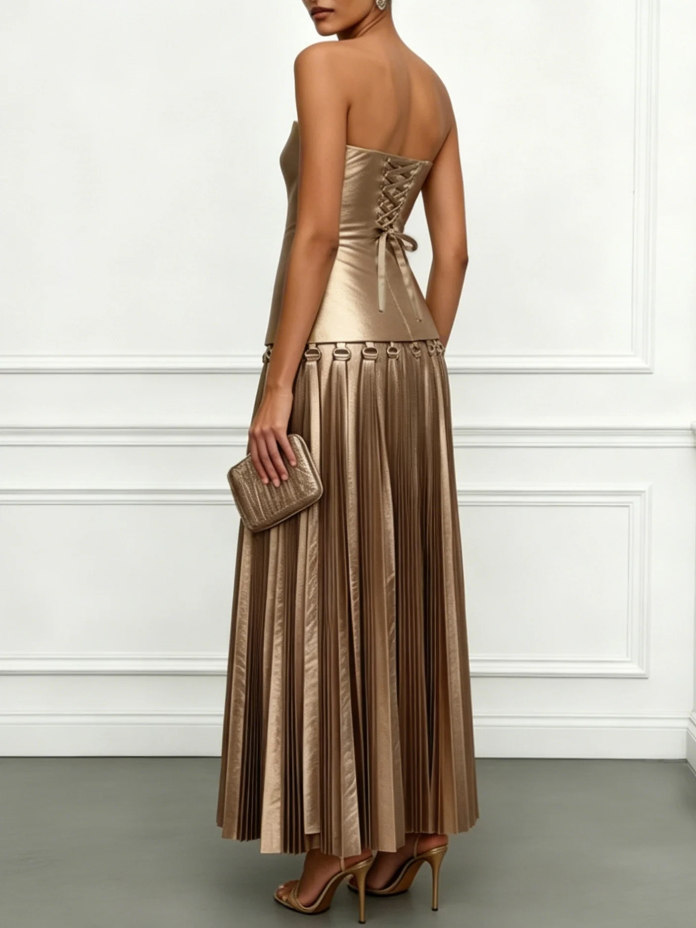 Golden Pleated Grommets Satin Strapless Sleeveless A-Line Maxi Dress