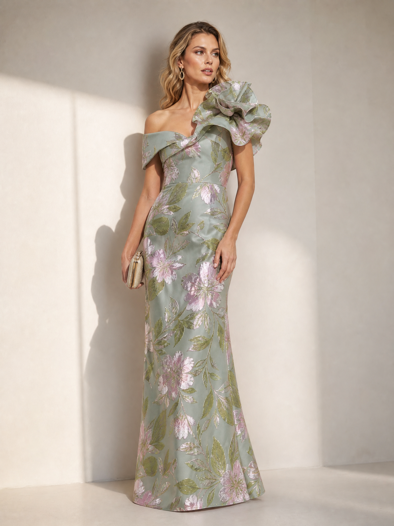 Sage Green Floral Jacquard Off-The-Shoulder Mermaid Gown
