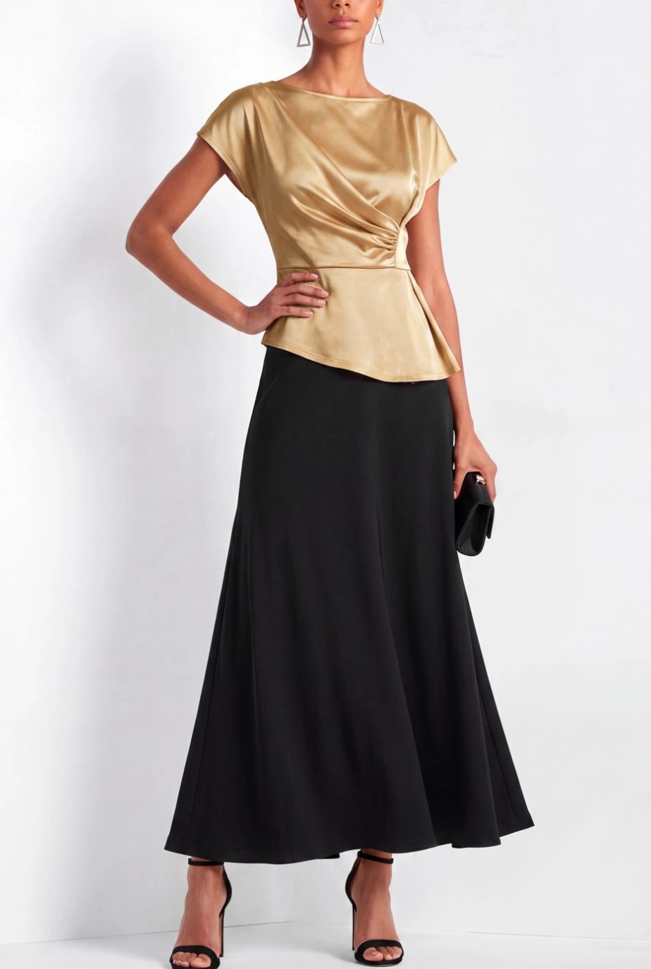 Golden Satin Boat Neck Suits A-Line Skirt Set