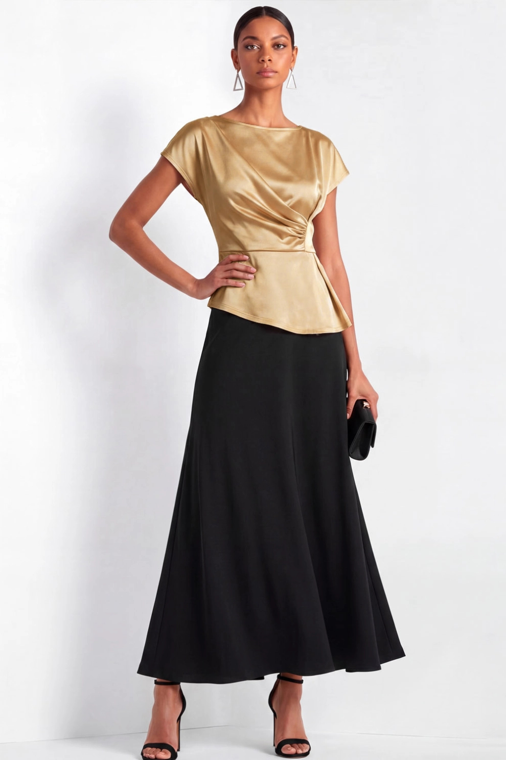 Golden Satin Boat Neck Suits A-Line Skirt Set