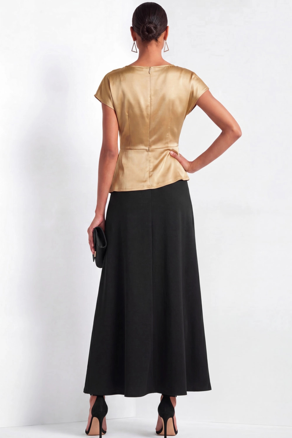 Golden Satin Boat Neck Suits A-Line Skirt Set
