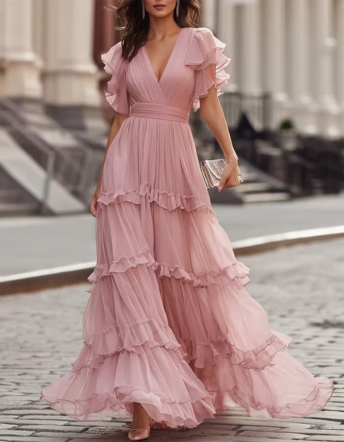 Blush Pink V-Neck Ruffled Tiered Chiffon Dress
