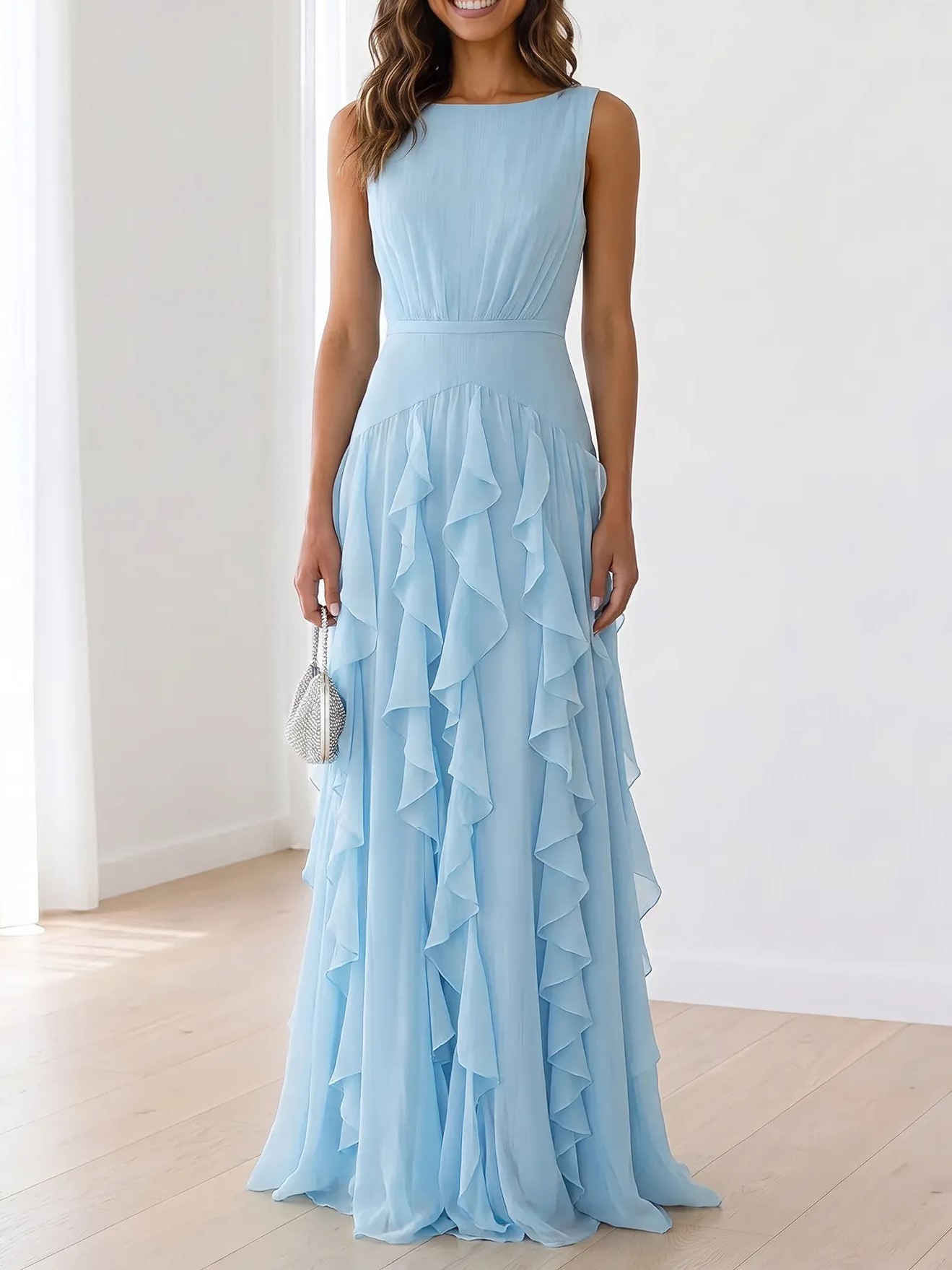Sleeveless Tiered Chiffon Maxi Evening Gown with Ruched Bodice