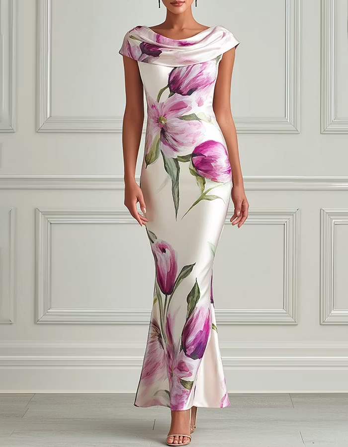 Cream Watercolor Floral Cowl-Neck Satin Mermaid Maxi Dress