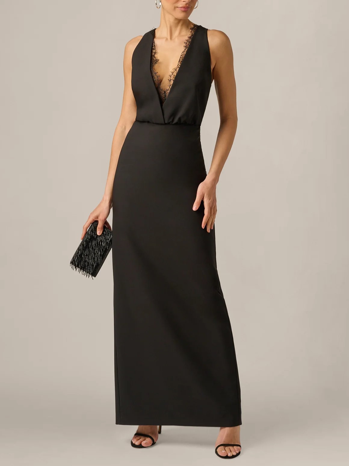 Black Sleeveless Deep V-neck Lace Trim Column Maxi Dress